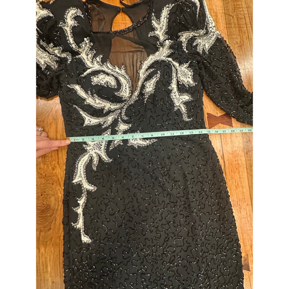 A.J. Bari Vintage 100% Silk Beaded Sequin Gown 80s 90s Asymmetric M - Picture 12 of 16